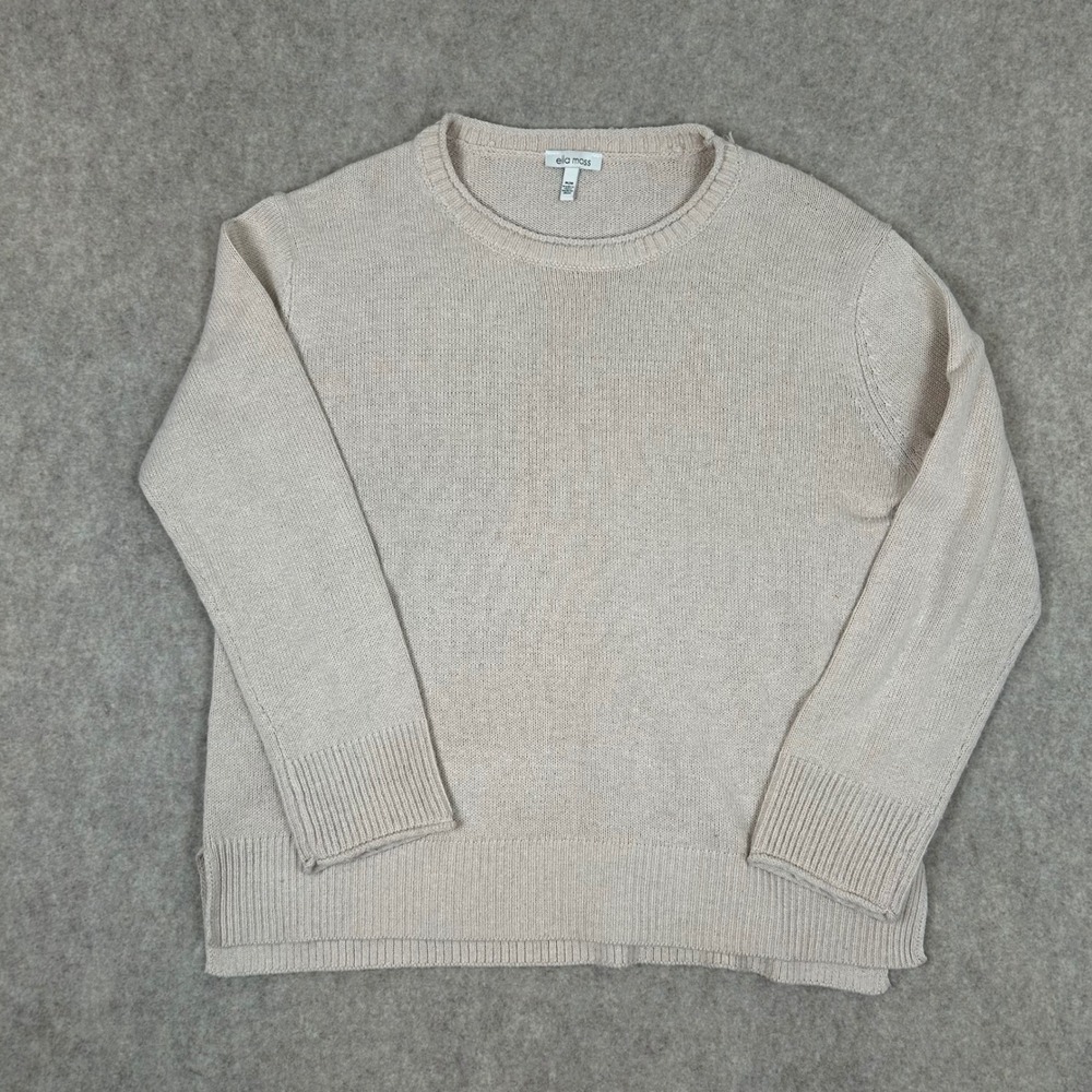 Ella Moss Sweater Womens Medium Beige Knit Crewneck Long Sleeve Side Slit